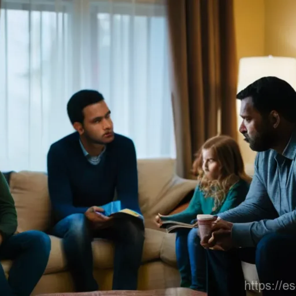 도박 중독과 가족 상담 - **Prompt:** A diverse family, consisting of a father, a mother, and their two children (an early tee...