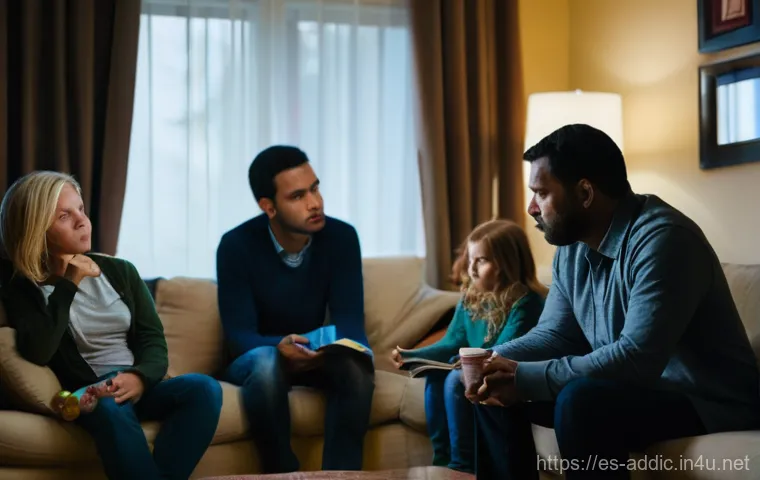 도박 중독과 가족 상담 - **Prompt:** A diverse family, consisting of a father, a mother, and their two children (an early tee...