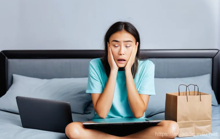 쇼핑 중독의 신체적 증상 - **Prompt 1: The Weight of Impulse**
    A young adult, dressed casually in comfortable home clothes ...