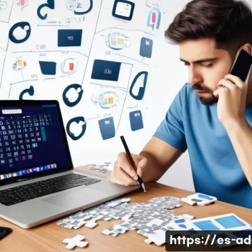 인터넷 중독과 신경학적 변화 - A detailed digital illustration of a young Spanish adult sitting at a desk cluttered with multiple e...