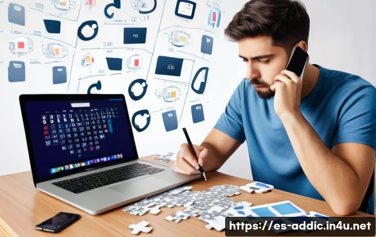 인터넷 중독과 신경학적 변화 - A detailed digital illustration of a young Spanish adult sitting at a desk cluttered with multiple e...