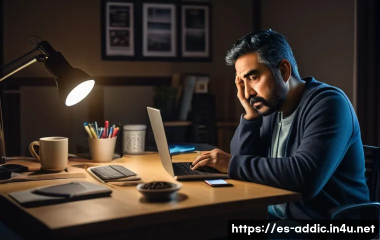 인터넷 중독 치료 후기 - A middle-aged Hispanic man sitting at a cluttered desk in a cozy home office, staring tiredly at a c...
