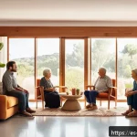 도박 중독 회복 지원 - A warm and supportive family scene in a modern Spanish living room, showing a diverse group of adult...