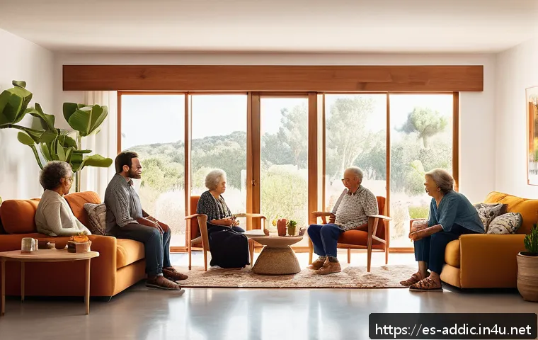 도박 중독 회복 지원 - A warm and supportive family scene in a modern Spanish living room, showing a diverse group of adult...