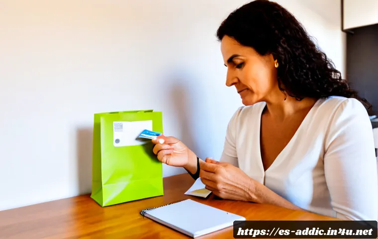 Home 17 쇼핑 중독 치료 후기 - Photorealistic Spanish woman in her 40s sitting calmly at a bright kitchen table, placing a bank car...